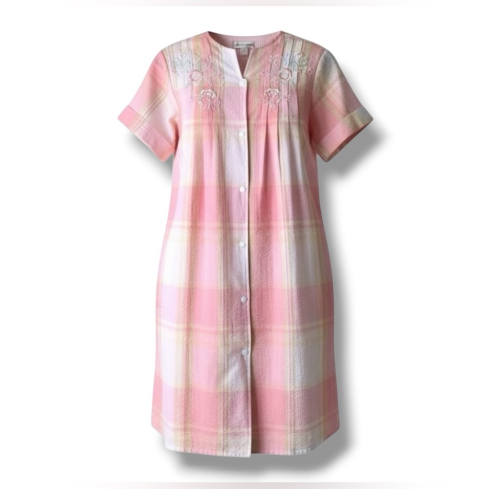 MISS ELAINE Robe House Coat Plaid Embroidered Pastel Pink Yellow Small